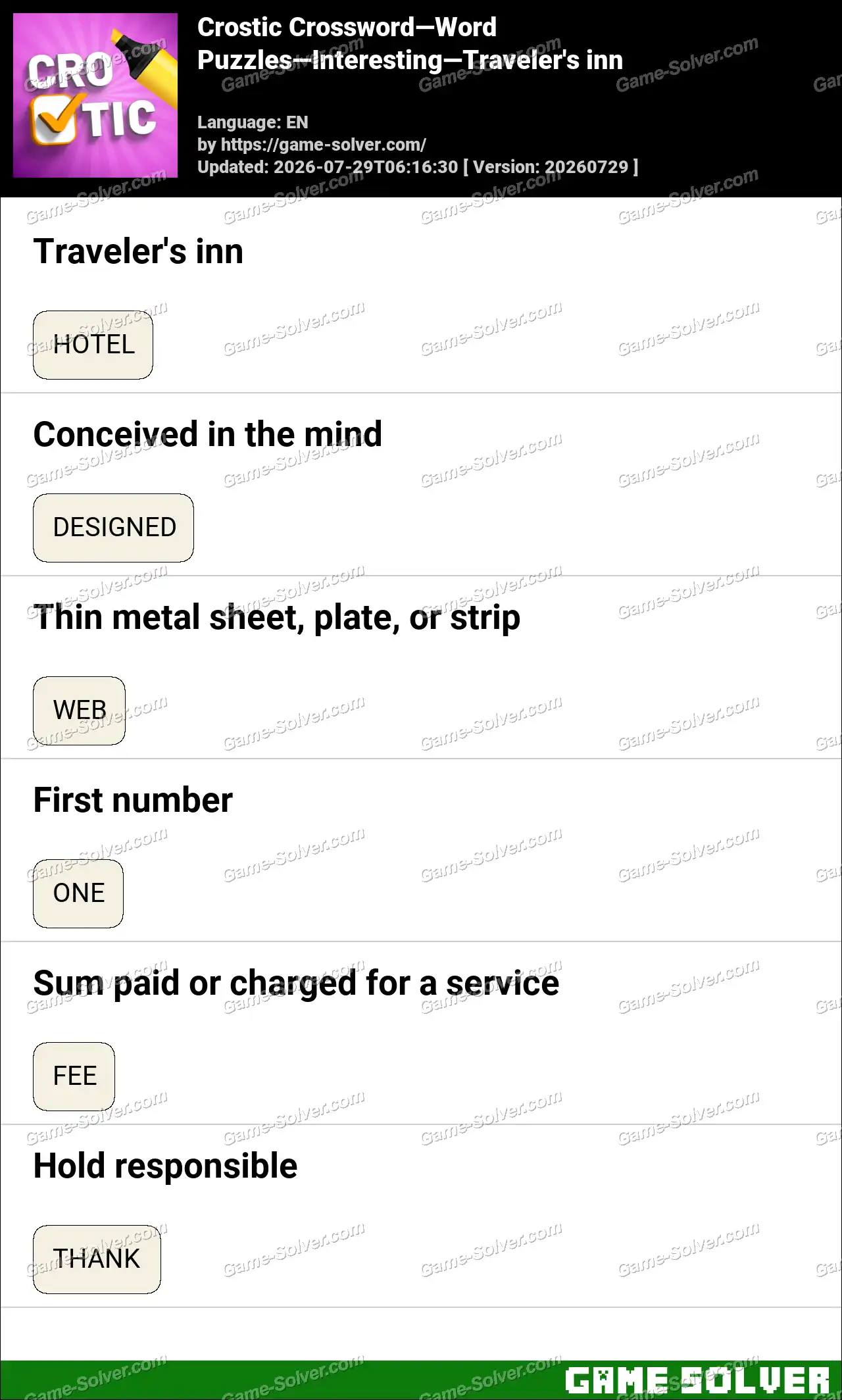 Crostic Crossword-Word Puzzles-Interesting-Traveler’s inn